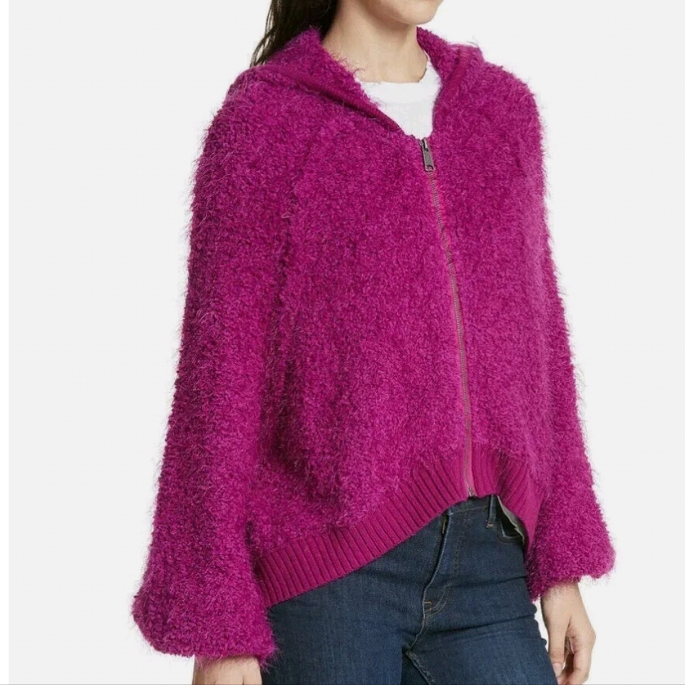 Free People "Furry Time" Hooded Zip-Up Jacket, Pink, Oversized Small, EUC